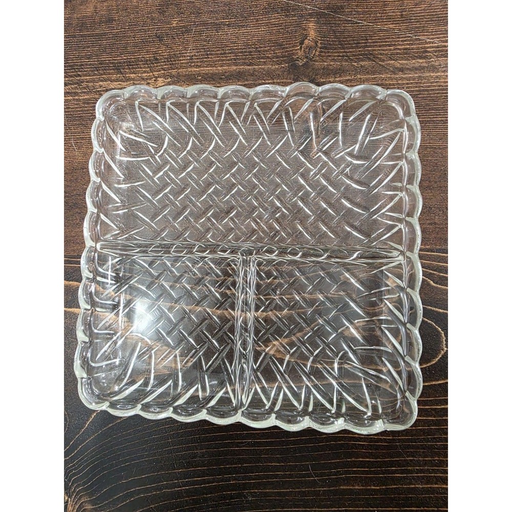 Vintage 1950's Indiana Glass Square Pretzel Clear Divided Dish